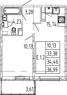 2-комнатная 33 м<sup>2</sup> на 10 этаже
