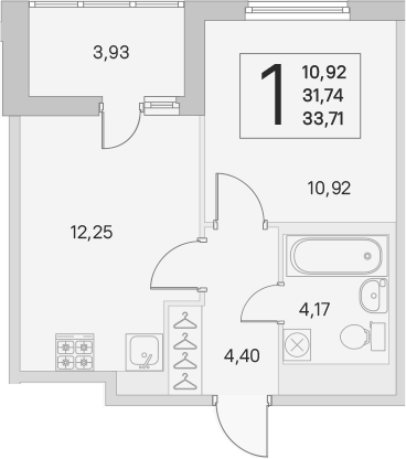 2-комнатная 31 м<sup>2</sup> на 4 этаже
