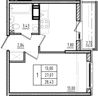 1-комнатная 27 м<sup>2</sup> на 16 этаже