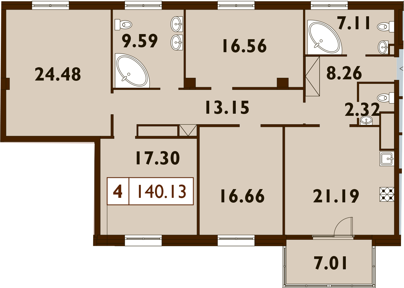 4-комнатная 136 м<sup>2</sup> на 8 этаже