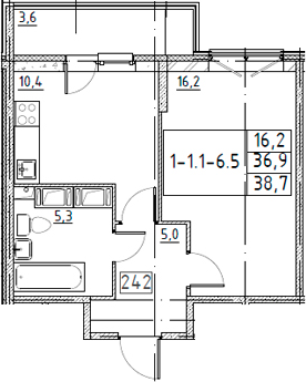 1-комнатная 40 м<sup>2</sup> на 2 этаже