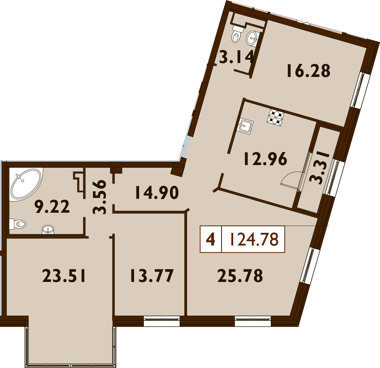 4-комнатная 124 м<sup>2</sup> на 7 этаже