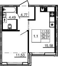 2-комнатная 36 м<sup>2</sup> на 2 этаже