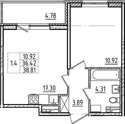 2-комнатная 41 м<sup>2</sup> на 3 этаже