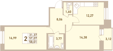 2-комнатная 57 м<sup>2</sup> на 8 этаже