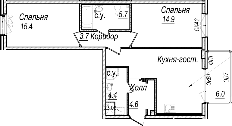 3-комнатная 68 м<sup>2</sup> на 6 этаже