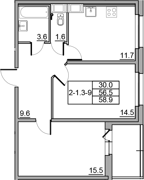 2-комнатная 61 м<sup>2</sup> на 19 этаже