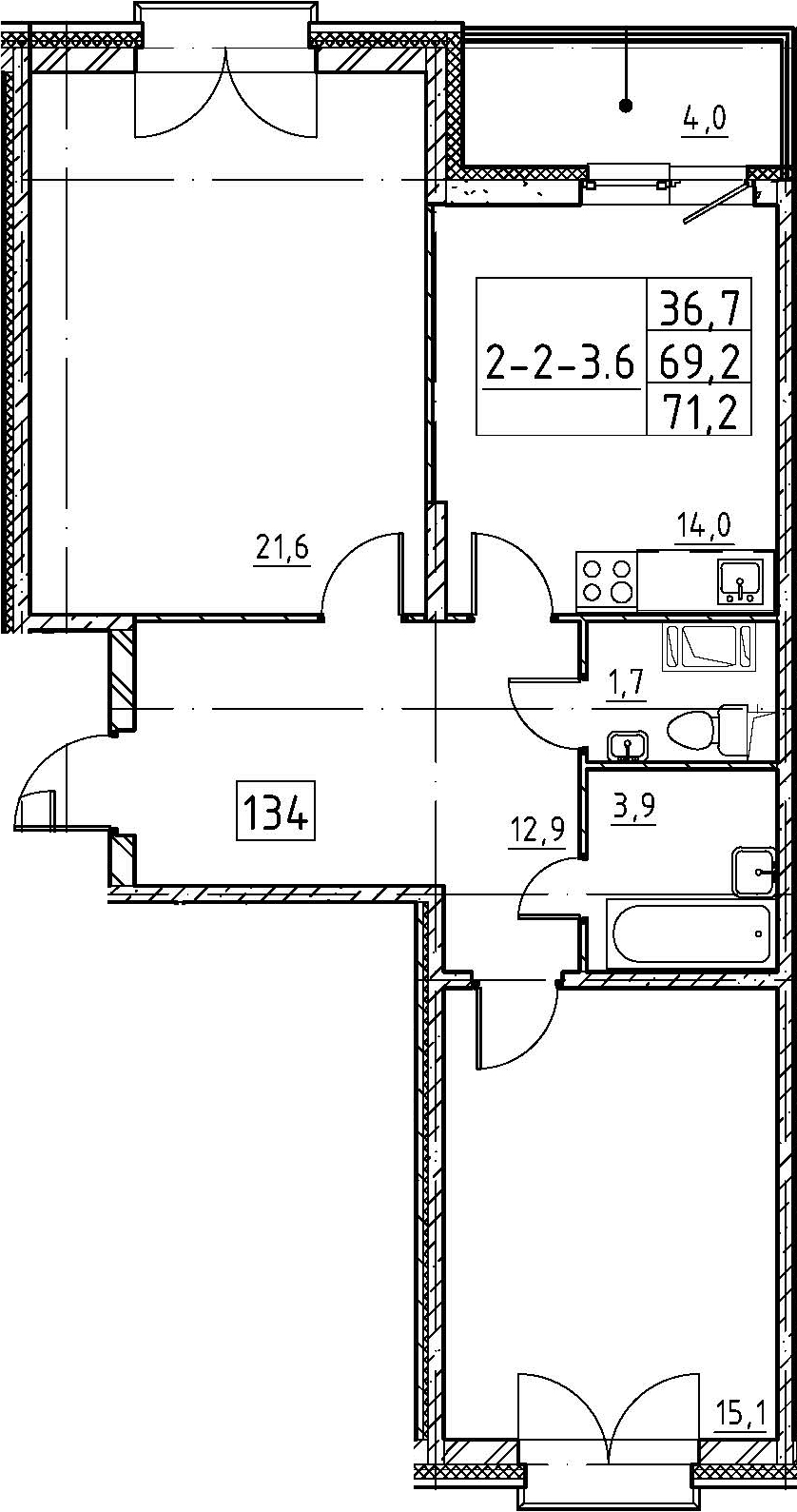 2-комнатная 73 м<sup>2</sup> на 2 этаже