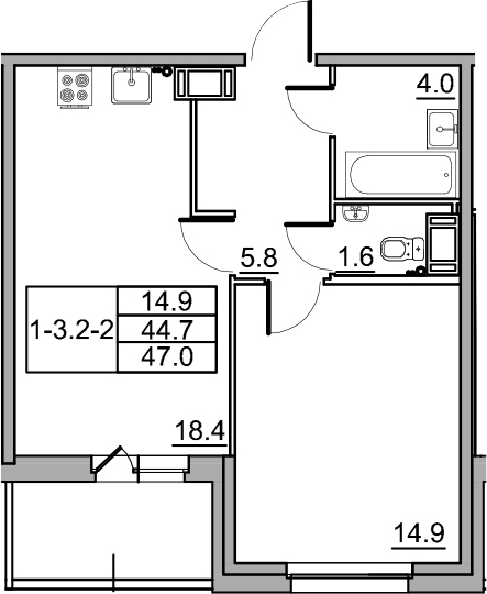 2-комнатная 49 м<sup>2</sup> на 13 этаже