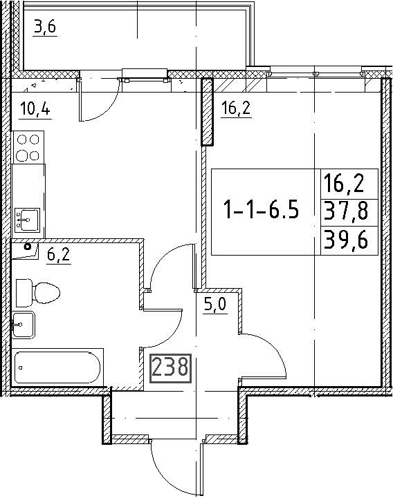 1-комнатная 41 м<sup>2</sup> на 1 этаже