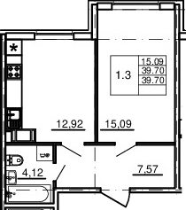 1-комнатная 39 м<sup>2</sup> на 2 этаже