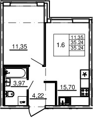 2-комнатная 35 м<sup>2</sup> на 1 этаже