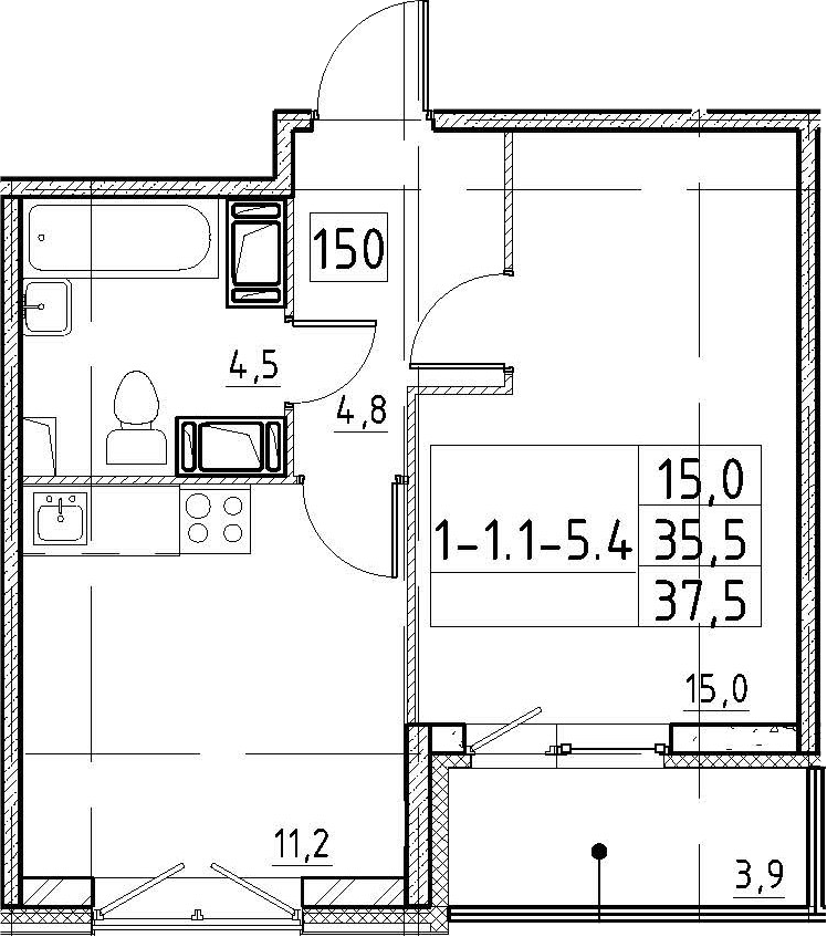 1-комнатная 39 м<sup>2</sup> на 5 этаже