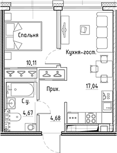 2-комнатная 36 м<sup>2</sup> на 8 этаже