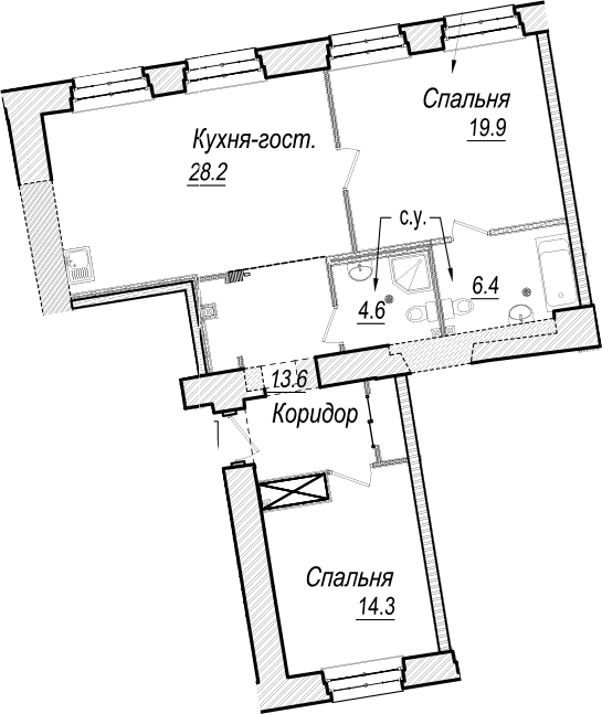 3-комнатная 87 м<sup>2</sup> на 3 этаже