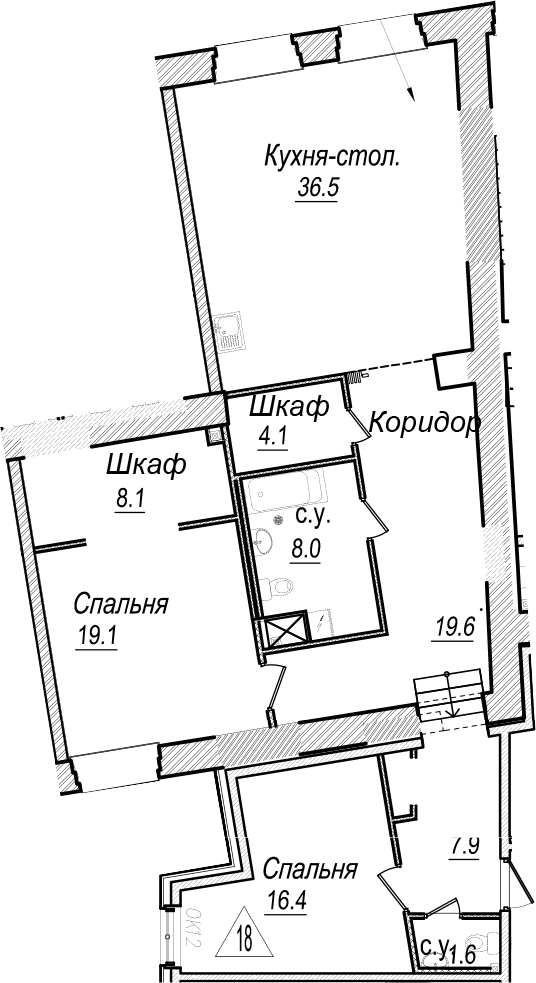 3-комнатная 121 м<sup>2</sup> на 5 этаже