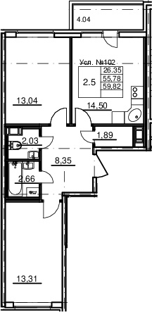 2-комнатная 55 м<sup>2</sup> на 13 этаже