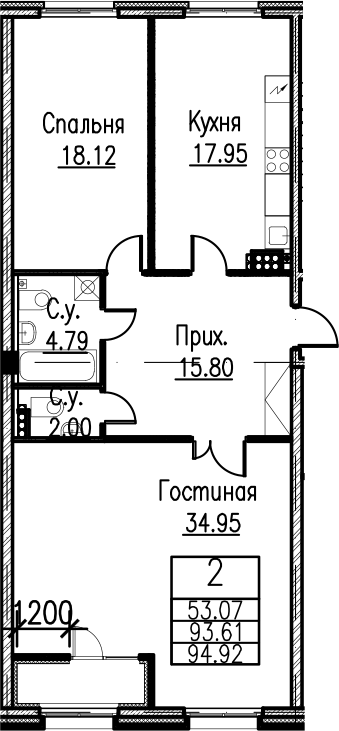 3-комнатная 93 м<sup>2</sup> на 6 этаже