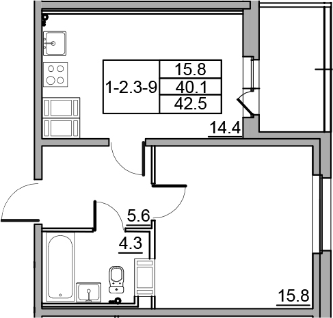 1-комнатная 44 м<sup>2</sup> на 19 этаже
