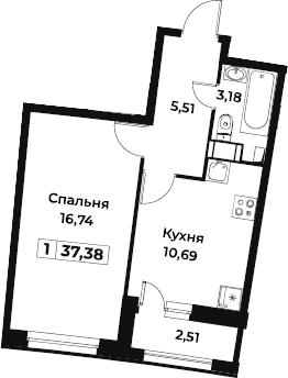1-комнатная 36 м<sup>2</sup> на 12 этаже