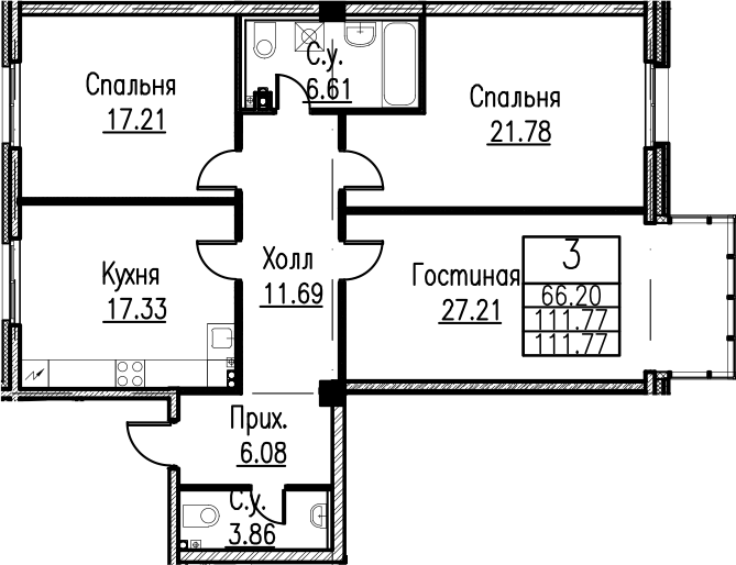 3-комнатная 111 м<sup>2</sup> на 3 этаже