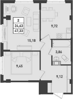 2-комнатная 47 м<sup>2</sup> на 4 этаже