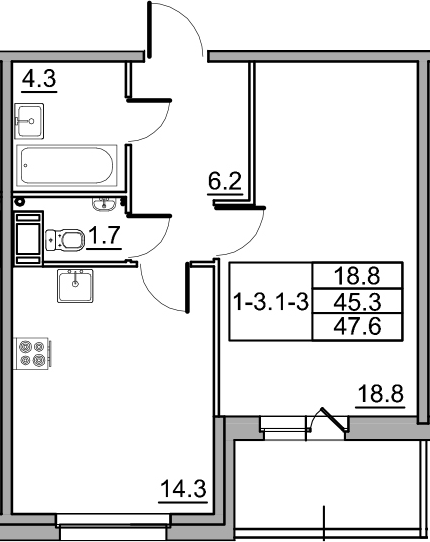 1-комнатная 49 м<sup>2</sup> на 4 этаже