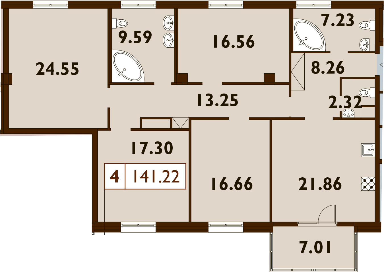 4-комнатная 137 м<sup>2</sup> на 6 этаже
