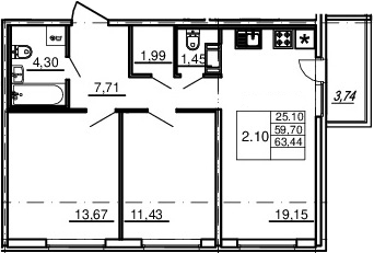 3-комнатная 59 м<sup>2</sup> на 4 этаже