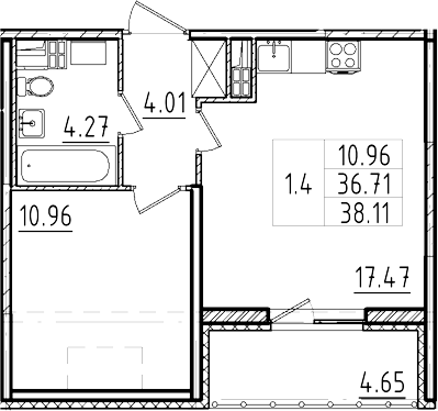 2-комнатная 41 м<sup>2</sup> на 5 этаже