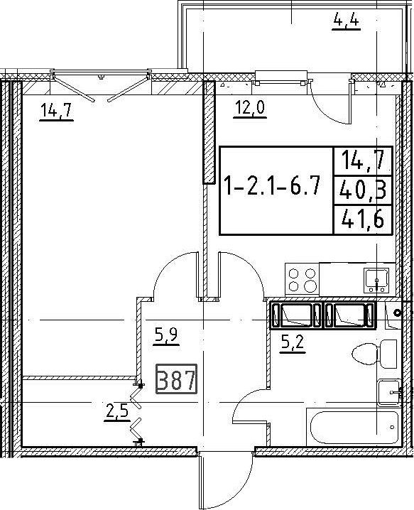 1-комнатная 44 м<sup>2</sup> на 3 этаже