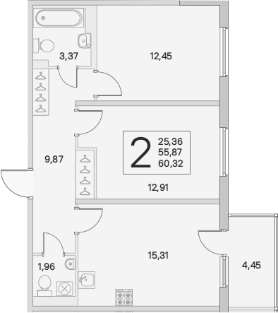 3-комнатная 55 м<sup>2</sup> на 3 этаже