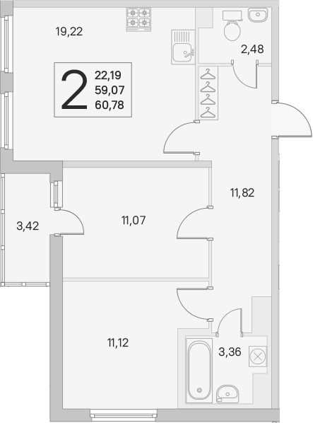 2-комнатная 59 м<sup>2</sup> на 1 этаже