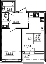 2-комнатная 37 м<sup>2</sup> на 12 этаже
