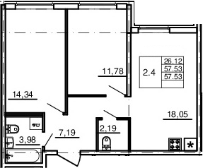 3-комнатная 57 м<sup>2</sup> на 1 этаже