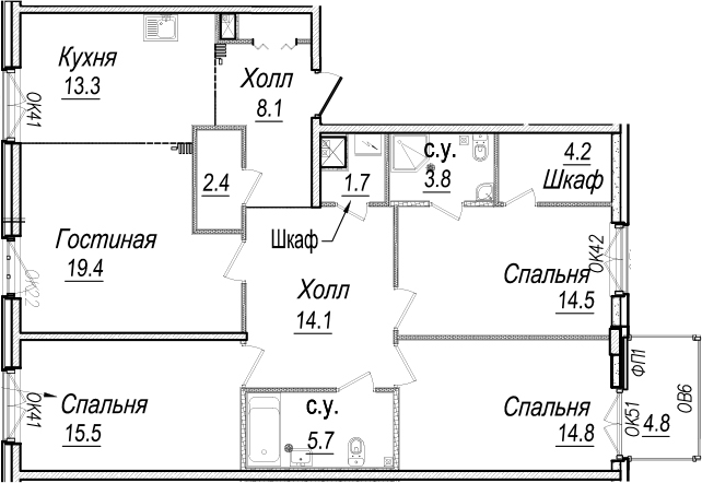 4-комнатная 117 м<sup>2</sup> на 3 этаже