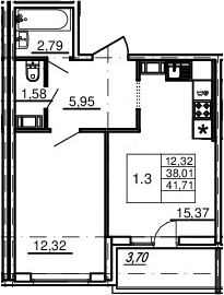2-комнатная 38 м<sup>2</sup> на 8 этаже