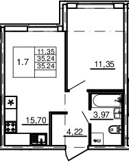 2-комнатная 35 м<sup>2</sup> на 1 этаже