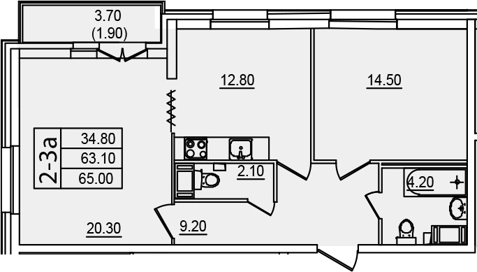 2-комнатная 63 м<sup>2</sup> на 8 этаже