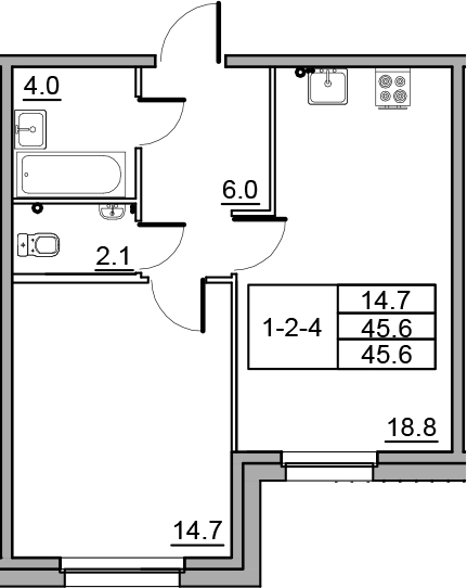 2-комнатная 45 м<sup>2</sup> на 1 этаже