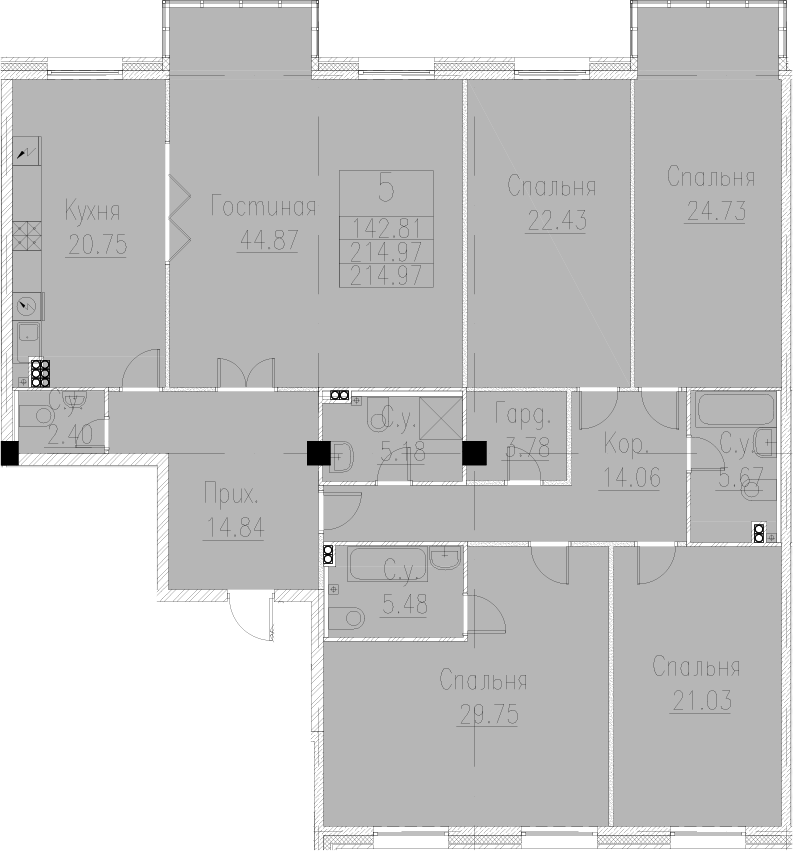 4-комнатная 214 м<sup>2</sup> на 2 этаже