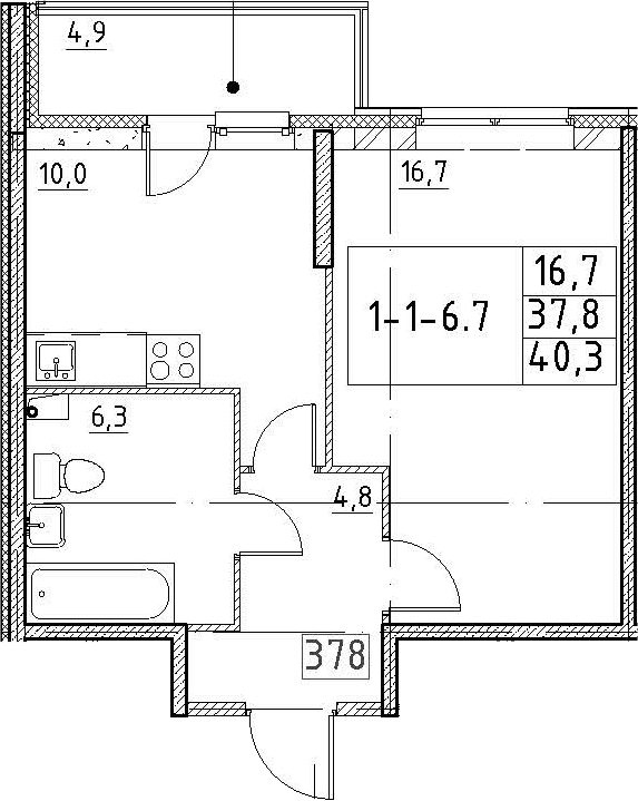 1-комнатная 42 м<sup>2</sup> на 1 этаже