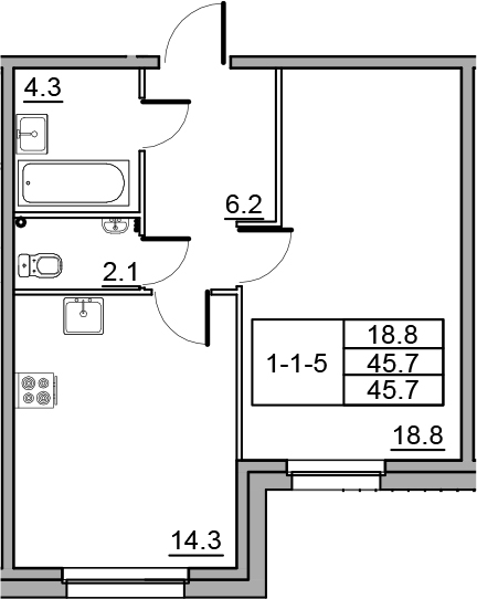 1-комнатная 45 м<sup>2</sup> на 1 этаже
