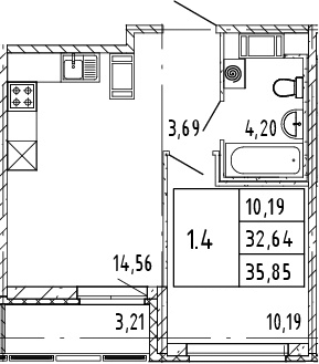2-комнатная 32 м<sup>2</sup> на 12 этаже