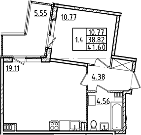 2-комнатная 44 м<sup>2</sup> на 4 этаже