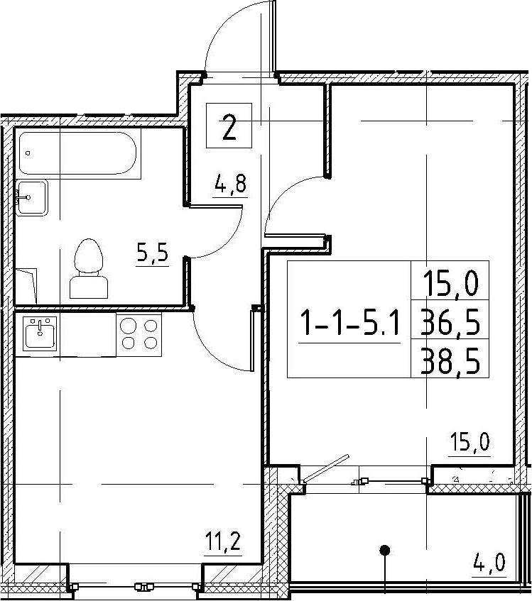 1-комнатная 40 м<sup>2</sup> на 1 этаже