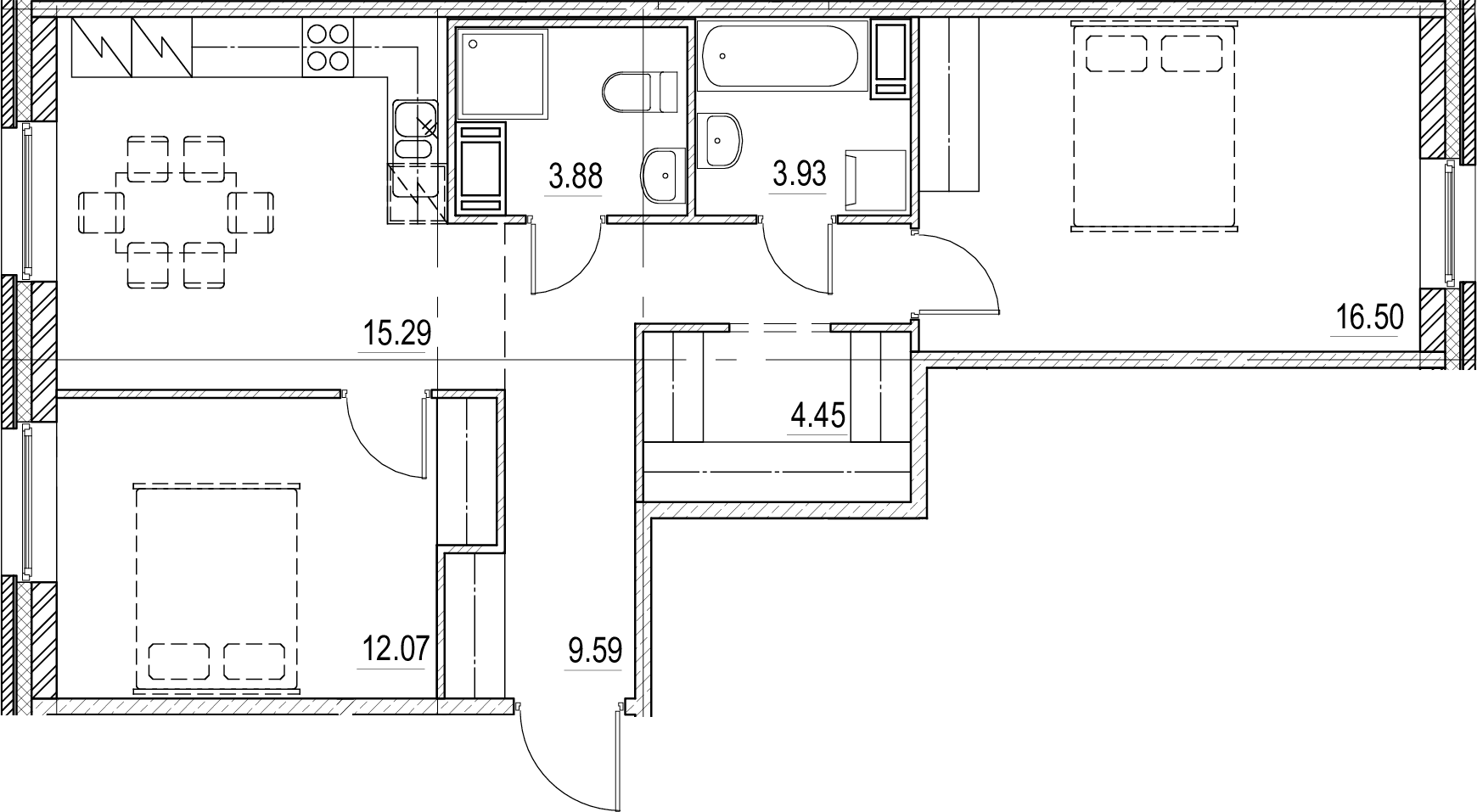 2-комнатная 65 м<sup>2</sup> на 3 этаже
