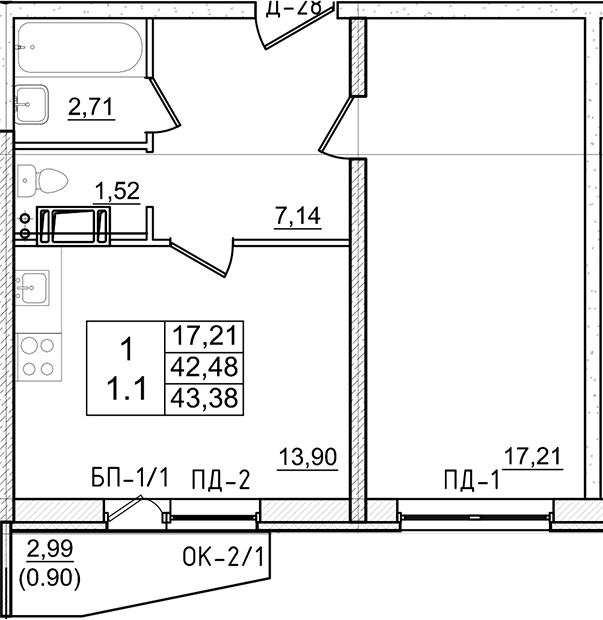 1-комнатная 42 м<sup>2</sup> на 3 этаже
