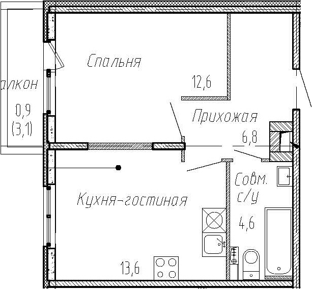 1-комнатная 40 м<sup>2</sup> на 2 этаже
