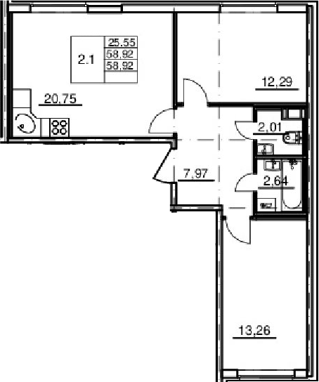 2-комнатная 58 м<sup>2</sup> на 3 этаже